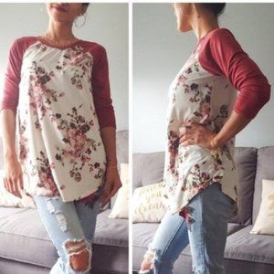 Floral Burgundy Fall Maroon Raglan Baseball Casual Tee Autumn Winter Warm